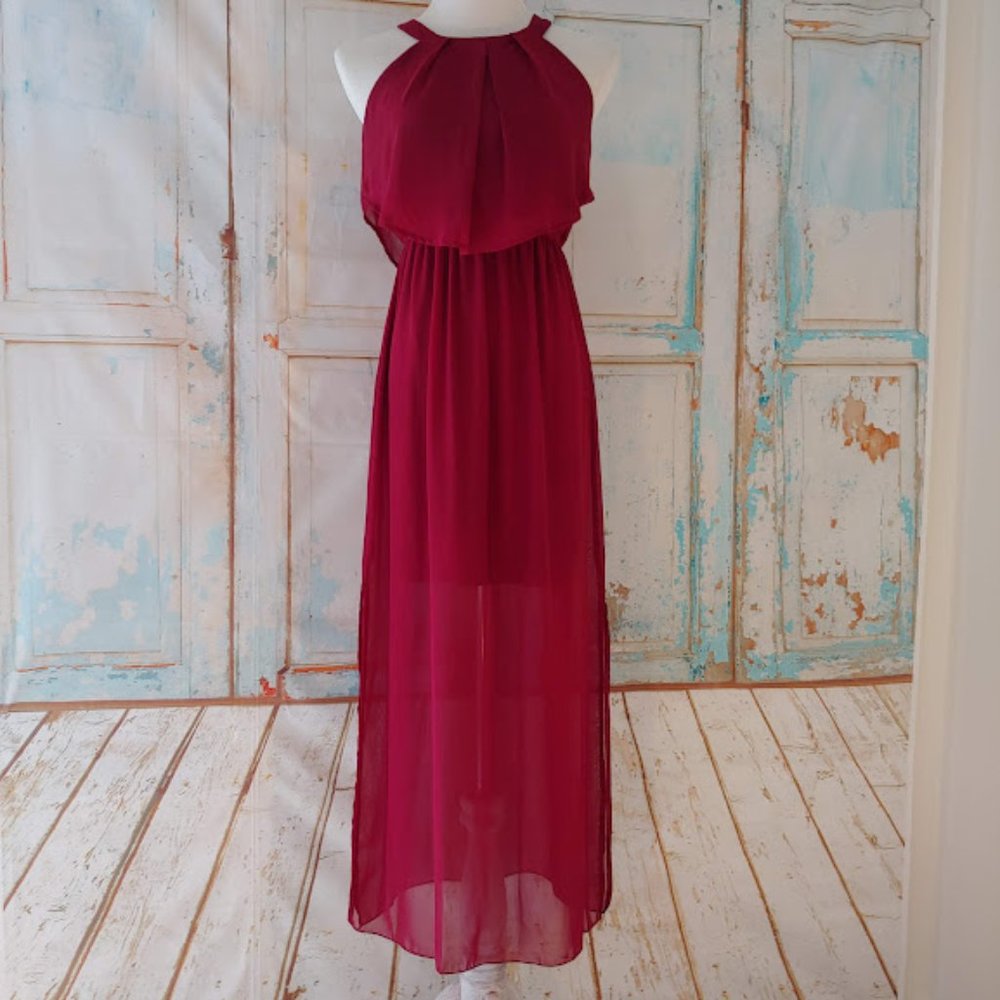 Sweet Storm party fancy holiday lined sheer maxi dress/size S/burgundy-deep -red